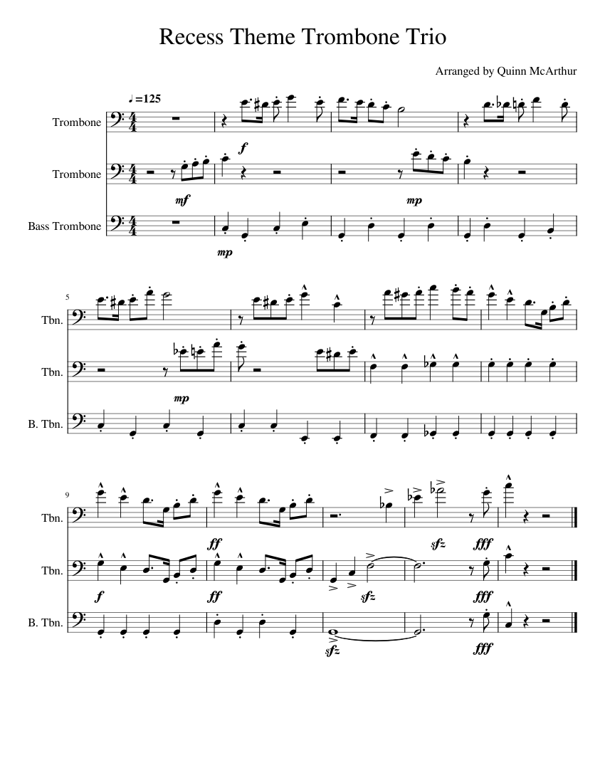 Recess Theme Trombone Trio Sheet Music for Trombone, Trombone bass ...