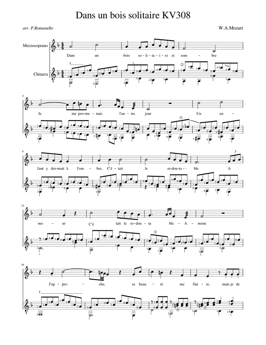 MozartKV308 Dans un bois solitaire Sheet music for Mezzo soprano, Guitar (Mixed Duet MozartKV308 Dans un bois solitaire Sheet music for Mezzo soprano, Guitar (Mixed Duet