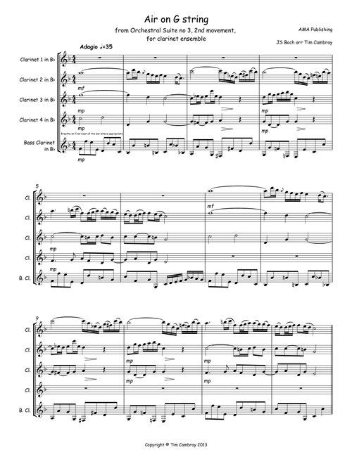 Air on a G String - for clarinet ensemble (Arr. Tim Cambray) - JS Bach (Woodwind Ensemble)
