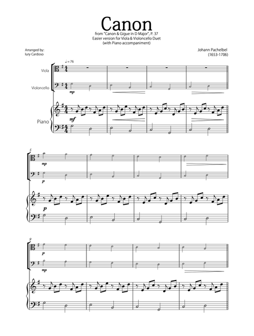 "Canon" by Pachelbel - Beautiful EASY version for VIOLA & CELLO DUET and PIANO. (Arr. Iury Cardoso) - Johann Pachelbel (Instrumental Duet and Piano)