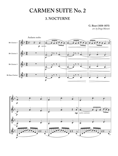 Nocturne from "Carmen Suite No. 2" for Clarinet Quartet (Arr. Diego Marani) - BIZET (Woodwind Ensemble)