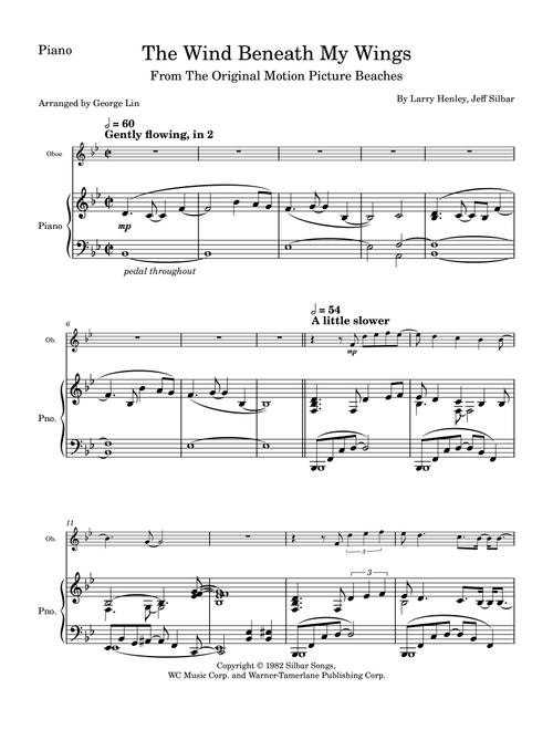 The Wind Beneath My Wings (Arr. George Lin) - Bette Midler (Oboe and Piano)