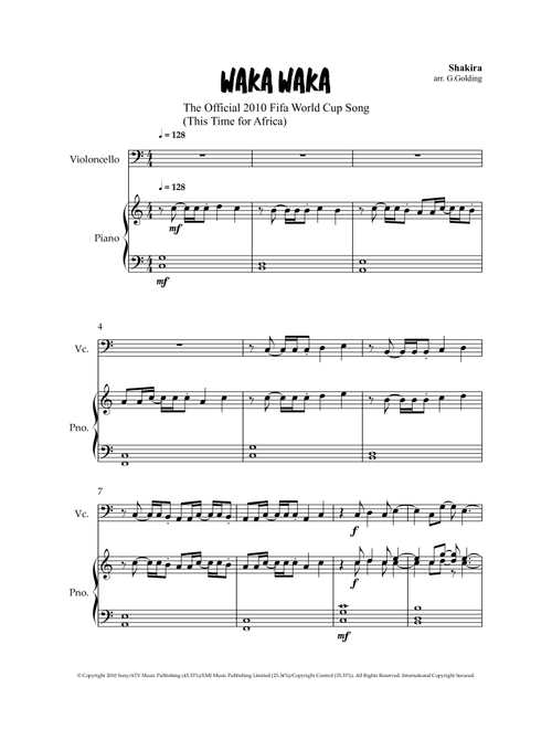 Waka Waka (This Time For Africa) (Arr. Grant Golding) - Shakira (Cello and Piano)