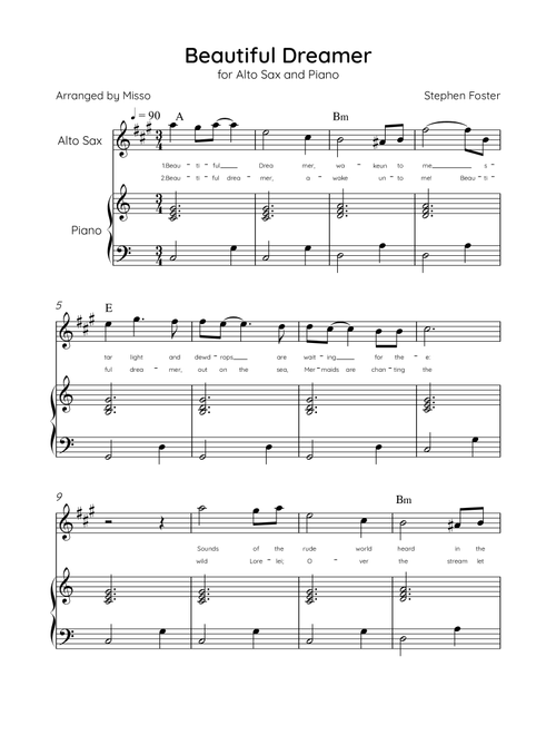 Beautiful Dreamer - Alto Sax and Piano in C Major Easy - Lyrics & Chords (Version Tom Roush) (Arr. Misso) (Alto Sax and Piano)