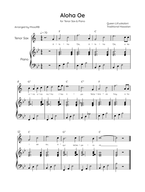 Aloha Oe - Tenor Sax & Piano in Bb Major Easy With Lyrics & Chords (Arr. MissoRB) - Queen Liliʻuokalani (Tenor Sax and Piano)