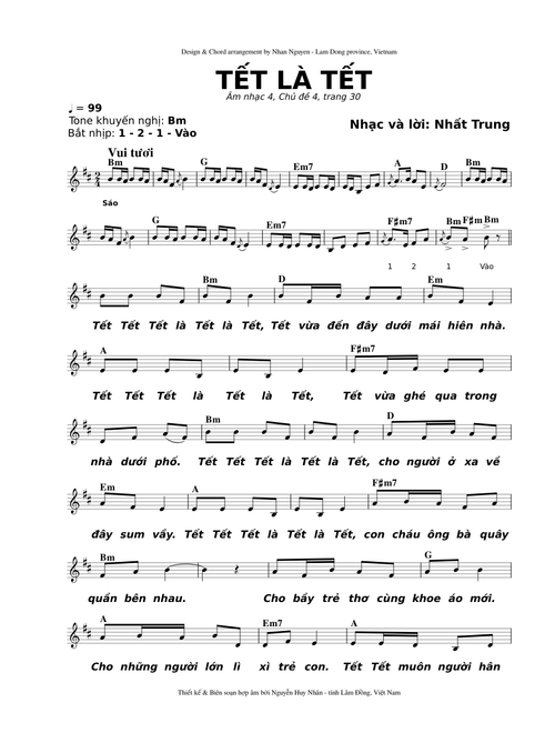TẾT LÀ TẾT (Âm nhạc 4, Chủ đề 4, trang 30 - Bản nhạc đã soạn sẵn intro và hợp âm chuẩn)