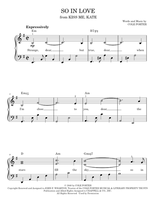 So In Love (from Kiss Me, Kate) - Cole Porter, Kiss Me, Kate Musical (Easy Piano)