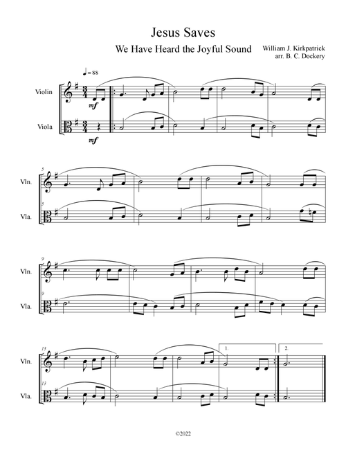 Jesus Saves (Violin and Viola Duet) (Arr. B. C. Dockery) - William J Kirkpatrick (Instrumental Duet)