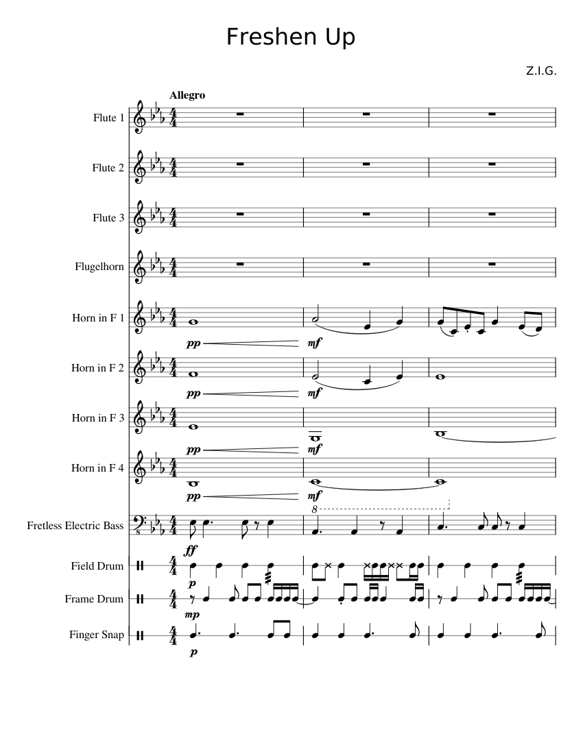 Freshen Up Sheet music for Flugelhorn, Flute, French horn, Snare drum
