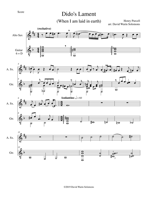 Dido's Lament - When I am laid in earth - arranged for alto saxophone and guitar (Arr. David Warin Solomons) - Henry Purcell (Instrumental Duet)
