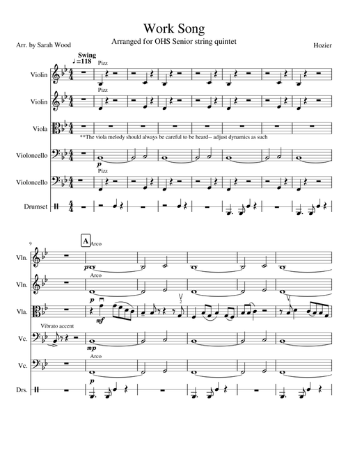 Work Song by Hozier (For string quintet)