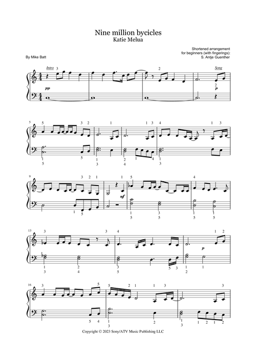 Nine Million Bicycles (Arr. S. Antje Guenther) - Katie Melua (Easy Piano)