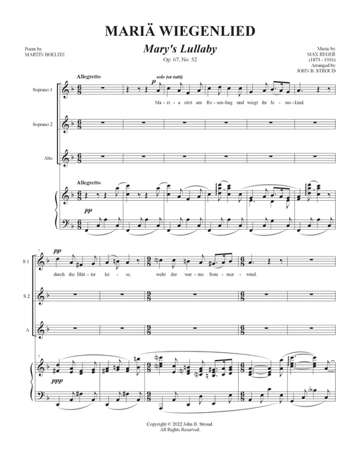 Mariä Wiegenlied (Mary's Lullaby), Op. 76, No. 52 (Arr. John B. Stroud) - Max Reger (Choral, SSA)