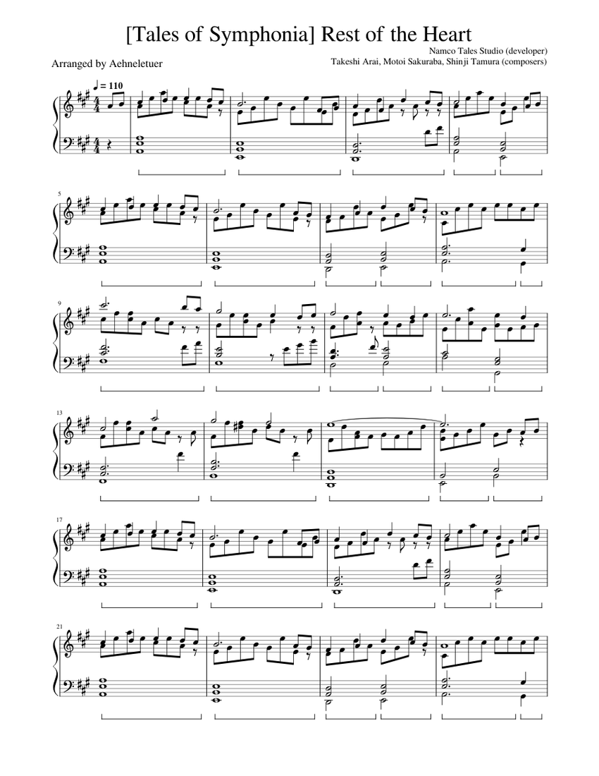 Tales of Symphonia] Rest of the Heart Sheet Music for Piano (Solo