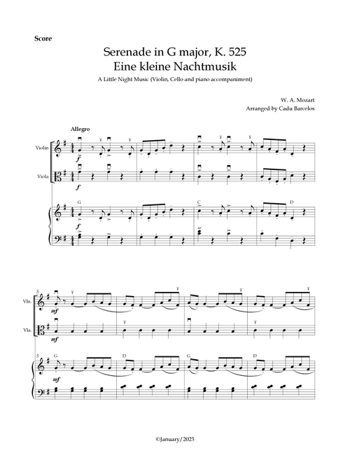 Serenade in G major, K. 525/Eine kleine Nachtmusik/A Little Night Music -Violin, Viola (chord bow) (Arr. Cadu Barcelos) - Wolfgang Amadeus Mozart (Instrumental Duet and Piano)