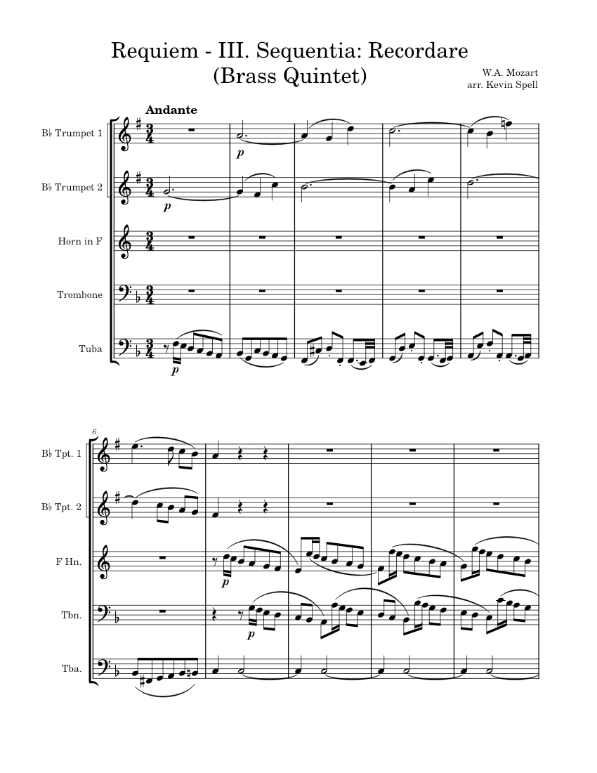 Requiem III. Sequentia Recordare (Brass Quintet) Mozart Sheet