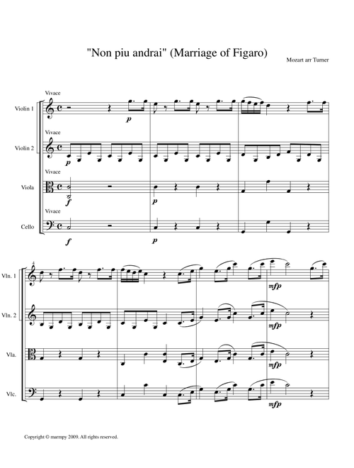 Non Piu Andrai from the Marriage of Figaro (arranged for String Quartet) (Arr. Marmpy) - Mozart (String Quartet)