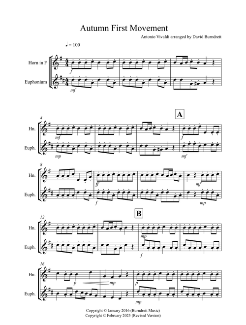 Autumn "Four Seasons" for Horn and Euphonium Duet (Arr. David Burndrett) - Antonio Vivaldi (Instrumental Duet)