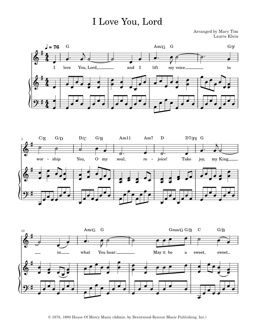 I Love You, Lord – Laurie Klein Sheet Music with Chords for Piano ...