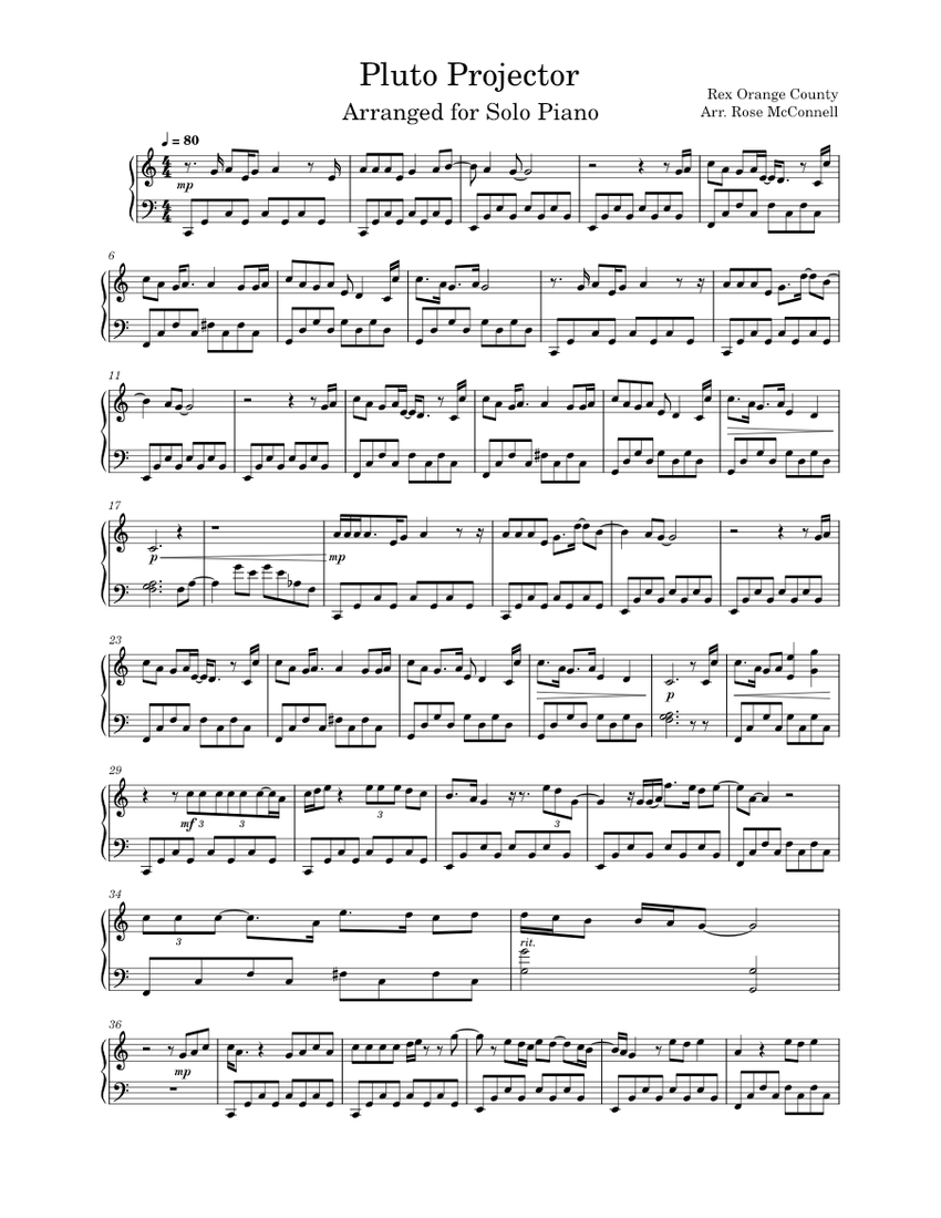 Pluto projector Rex Orange County Arranged for Solo Piano Sheet music