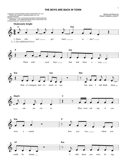 The Boys Are Back In Town - Thin Lizzy (Easy Lead Sheet - Fake Book)
