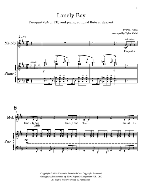 Lonely Boy (Arr. Tyler Vidal) - Paul Anka (Choral, SA)