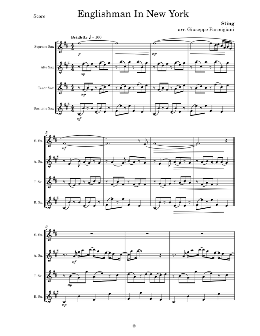 Sting - Englishman In New York (Sax 4tet) Sheet Music for Saxophone ...