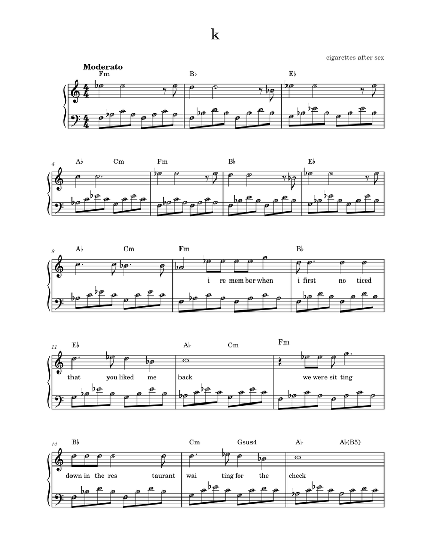 K Cigarettes After Sex Sheet Music For Piano Solo 
