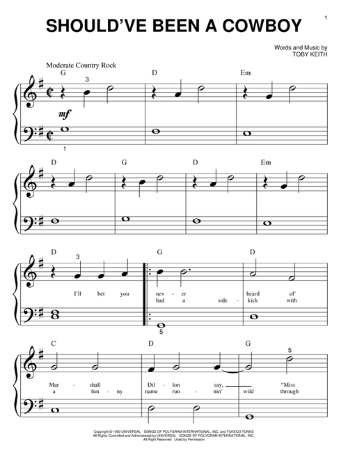 Should've Been A Cowboy - Toby Keith (Big Note Piano)