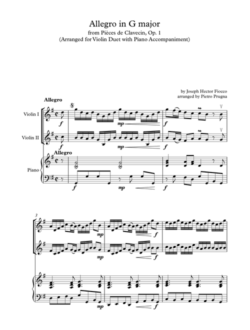 Allegro in G major (Pièces de Clavecin, Op. 1) (arr 2 Violins & Piano) ("I'll Second This" Series) (Arr. Pietro Prugna) - Joseph Hector Fiocco (JH Fiocco) (Violin Duet)