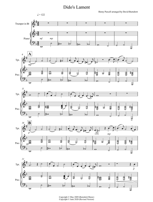 Dido's Lament for Trumpet in Bb and Piano (Arr. David Burndrett) - Henry Purcell (Trumpet and Piano)