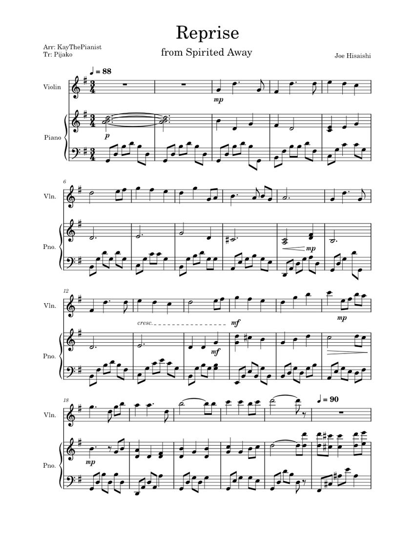 Reprise Joe Hisaishi (Spirited Away) / Piano & Violin Sheet music for Piano, Violin (Mixed
