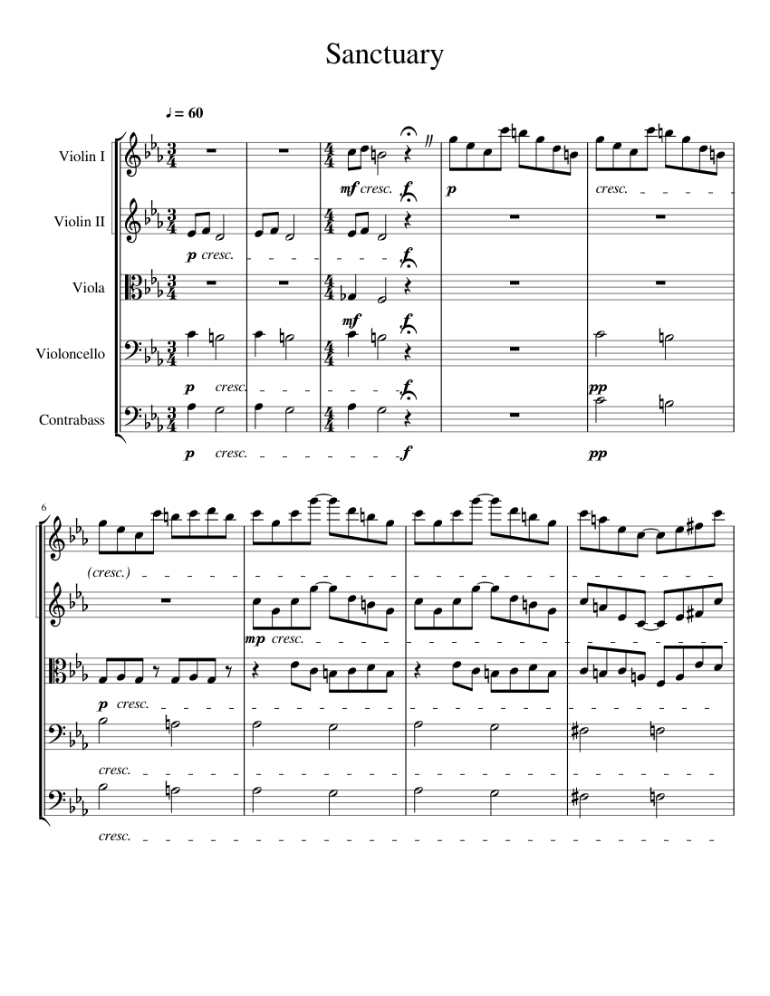 String ensemble sheet music for Contrabass, Violin, Viola, and Cello, illustrating the layered epic instrumental texture
