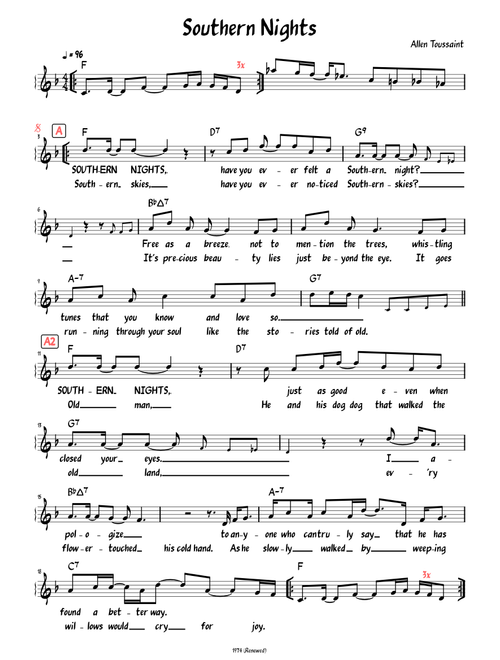 Southern Nights (Lead sheet with lyrics )