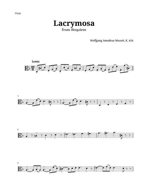 Lacrymosa from Requiem by Mozart for Viola (Arr. Langanho) (Cello Solo)