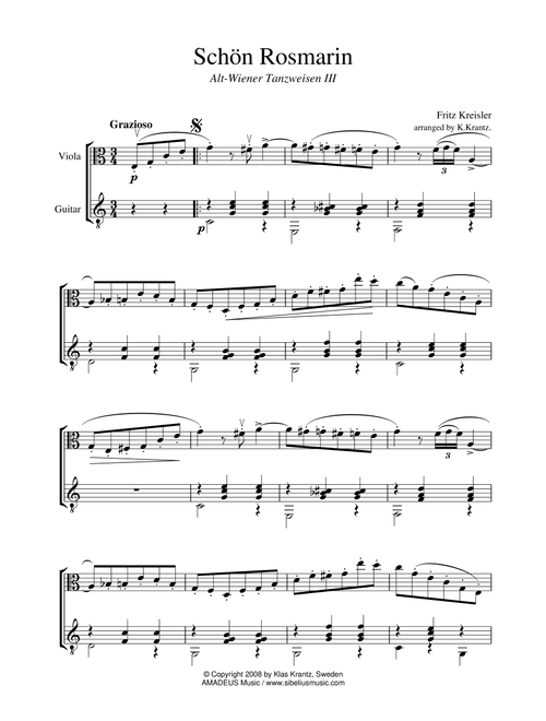 Schon Rosmarin for viola and guitar (Arr. Amadeus Music) (Instrumental Duet)