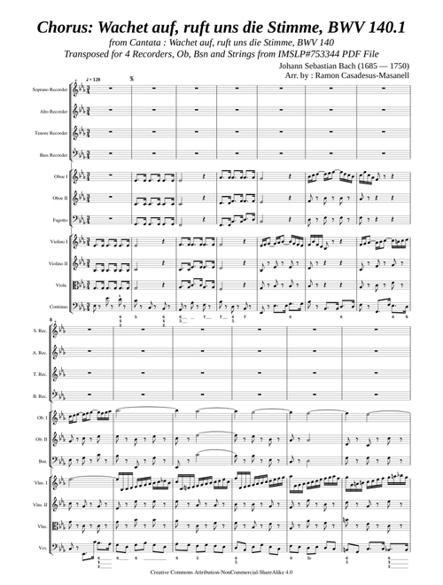 Bach, J. S. _ Wachet auf, ruft uns die Stimme BWV 140.1 [4 Rec, 2 Ob, Bsn, Strings]