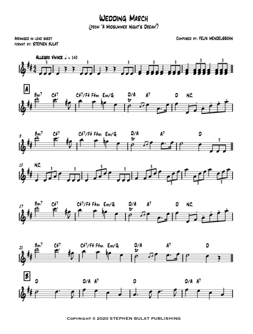 Wedding March (Mendelssohn) from A Midsummer Night's Dream - lead sheet (key of D) (Arr. Stephen Bulat) - Felix Mendelssohn (Large Ensemble)