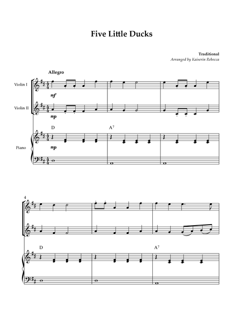 Five Little Ducks (Arr. Kaiserin Rebecca) - Traditional (Instrumental Duet and Piano)