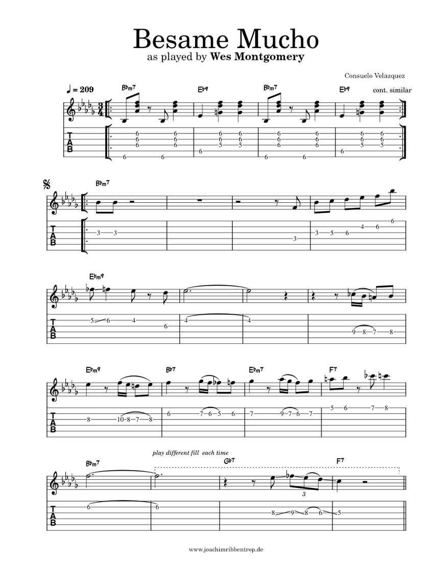 Besame Mucho – Wes Montgomery Sheet Music For Guitar (Solo) | Musescore.com