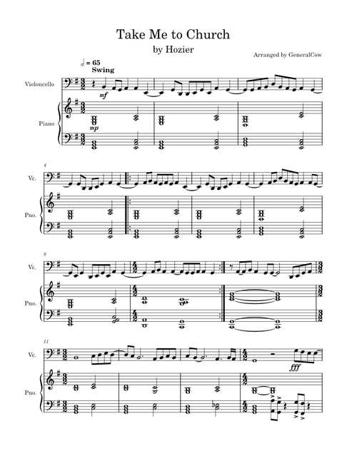 Take me to church – Hozier (Cello Solo w/ Piano Accompaniment)