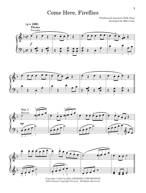 Come Here, Fireflies (arr. Mika Goto) - Traditional Japanese Folk Song (Educational Piano)