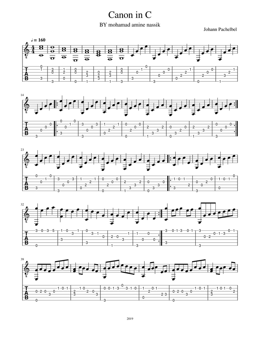 Canon in C Sheet Music and Tab for Guitar (Solo) | MuseScore.com