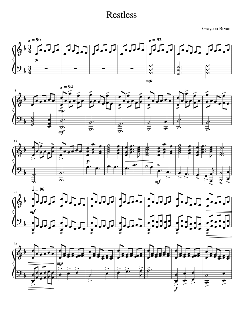 Restless Notes Restless - Grayson Bryant Sheet Music for Piano (Solo) | MuseScore.com