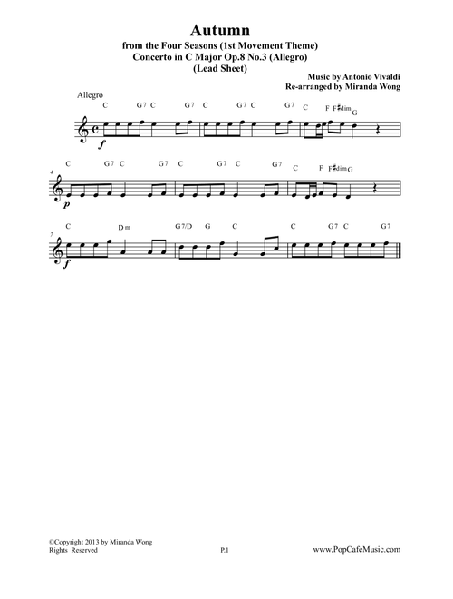 Autumn from Four Seasons - Lead Sheet in C (Arr. Miranda Wong) - Antonio Vivaldi (Small Ensemble)