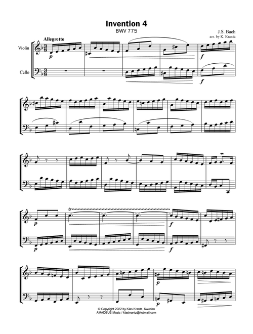 Invention No. 4, D Minor for violin and cello (Arr. K. Krantz) - J.S. Bach (Instrumental Duet)