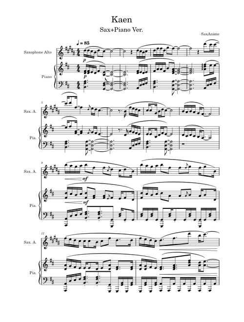 Kaen Sax/Piano - Dororo OP1 (Music Sheets)