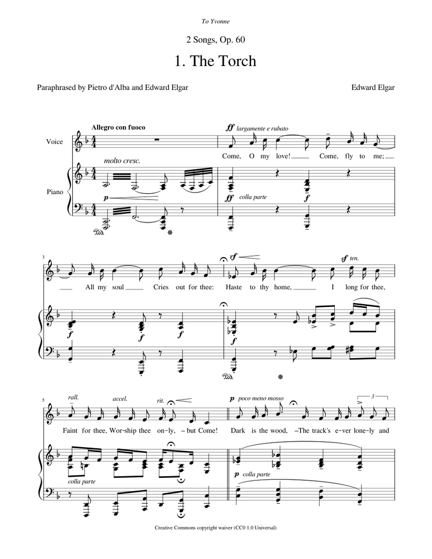Elgar, Edward - 2 Songs Op.60 No.1 - The Torch Sheet music for Piano, Oboe  (Piano-Voice) | Musescore.com
