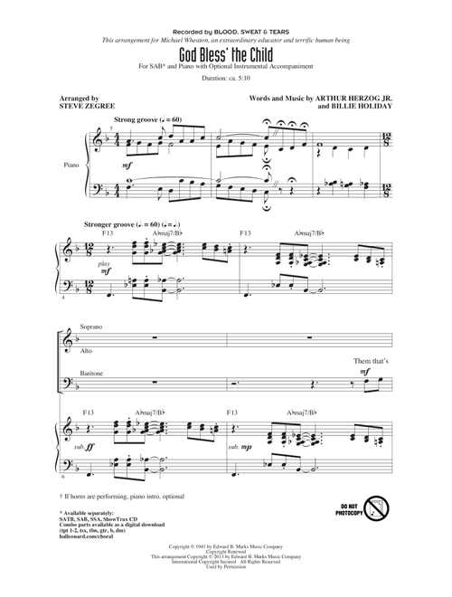 God Bless' The Child (arr. Steve Zegree) - Blood Sweat & Tears (Choral, SAB)