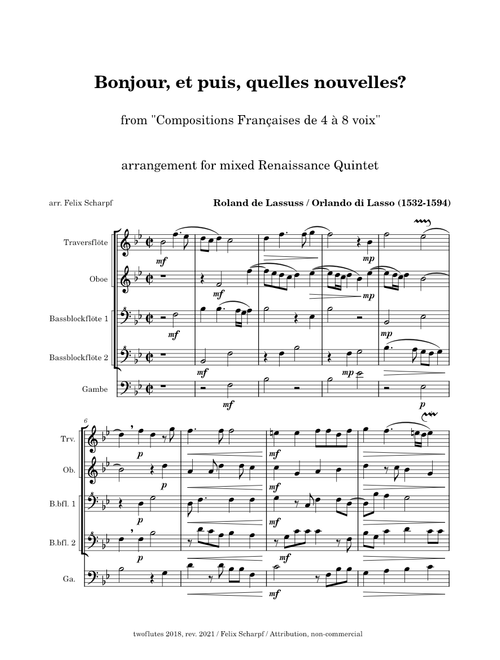 Orlando di Lasso - Bonjour, et puis, quelles nouvelles? arr. for mixed Renaissance Quintet